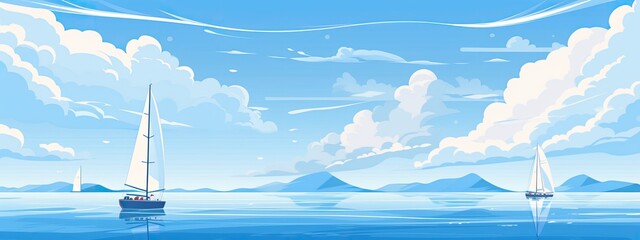 Wall Mural - Cartoon landscape with blue sea and yachts.