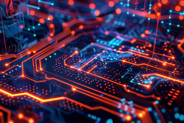 a digital background of illuminated circuitry, blending futuristic technology with dynamic geometric