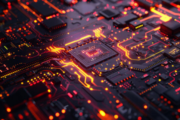 a digital background of illuminated circuitry, blending futuristic technology with dynamic geometric