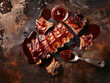 Barbecue ribs surrounded by Barbecue sauce