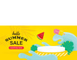 Colorful Summer sale banner with sea waves vibes ice cream and watermelon decorate and product display cylindrical shape