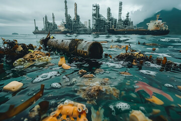 Industrial pollution with factories and oil spill in ocean, showcasing environmental damage. Concept: Industrial Pollution ocean
