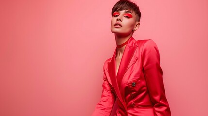 Stylish hues for the latest season. Image of a chic fashion icon sporting a cropped hairstyle and vibrant magenta cosmetics, modeling a scarlet jumpsuit against a rose-colored studio backdrop. 