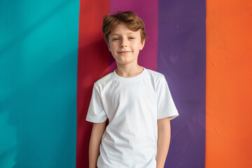 Wall Mural - A young boy is standing in front of a colorful wall, wearing a white shirt