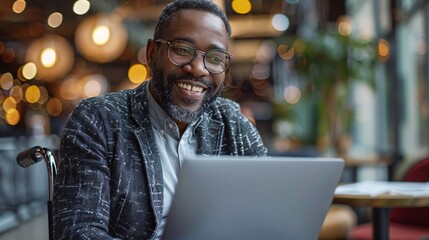 Grinning entrepreneur working on laptop while seated in wheelchair at workplace.