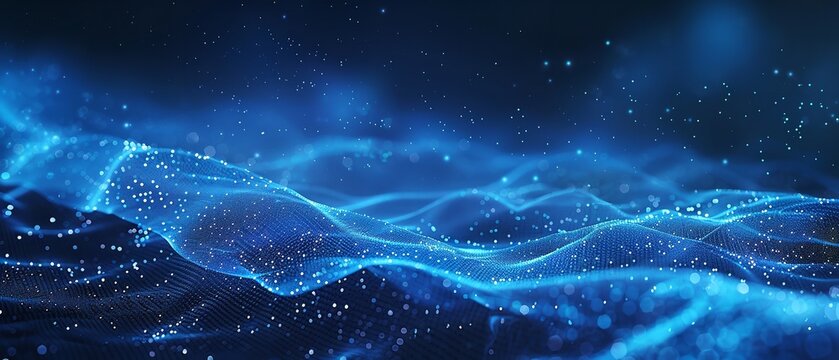 Digital waves on an abstract blue tech background with a dynamic network system. Generative Ai.