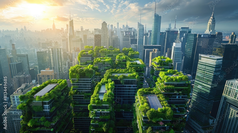 The image shows a beautiful green city with lush vegetation and ...