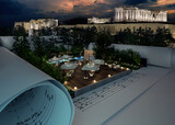 Fototapeta  - Planning of an Outdoor Patio Restaurant Illuminated by Acropolis of Athens - 3D Visualization