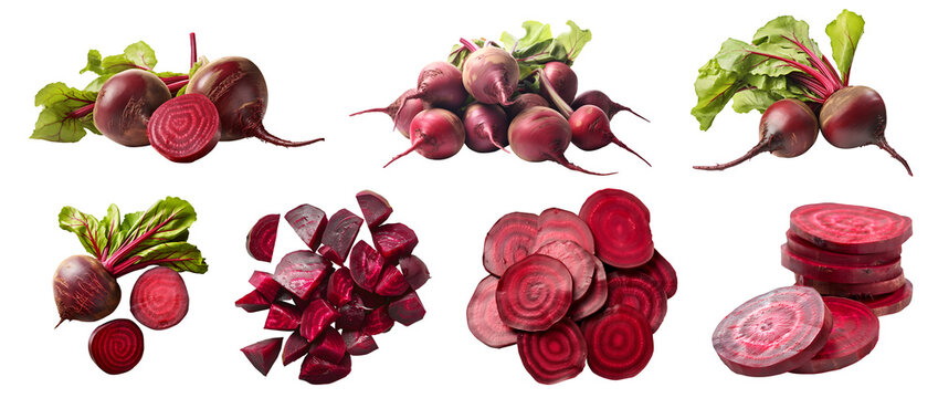 Beet beetroot root vegetable, many angles and view side top front cluster pile slice isolated on transparent background cutout, PNG file. Mockup template for artwork graphic design