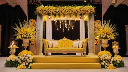 Visually striking yellow wedding stage backgrounds with candles