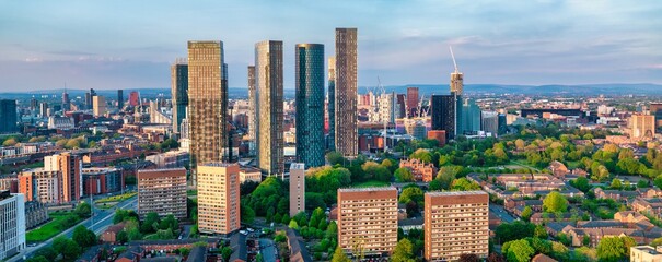 Wide aerial panorama of Manchester before the sunset. 