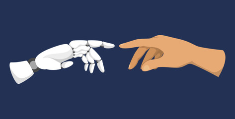 Wall Mural - Robotic and human hands vector isolated. Fingers pointing at each other. Concept of future technology and artificial intelligence.