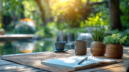 serene garden table with coffee and plants