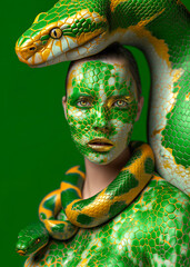 Sticker - Woman covered in snake body art with a live green yellow snake draped around her neck against green background