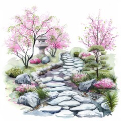 Wall Mural - Watercolor painting of a tranquil Japanese garden with a winding stone path and blooming cherry blossom trees, Generative AI 