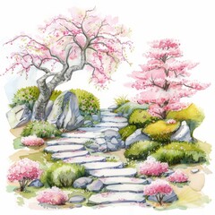 Wall Mural - Watercolor painting of a tranquil Japanese garden with a winding stone path and blooming cherry blossom trees, Generative AI 