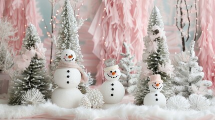 Wall Mural - Light Pink Winter Wonderland: a portrait-oriented winter wonderland scene with light pink accents, showcasing snow-covered trees, friendly snowmen, and a magical holiday charm. 