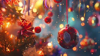 Poster - Dazzling Holiday Backdrop with Vibrant Christmas Ornaments and Twinkling Lights