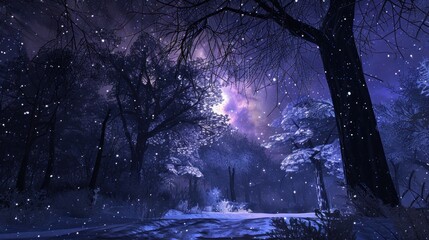 Canvas Print - Midnight Snowscape: Generate a midnight snowscape with deep blues, purples, and icy whites, featuring a serene winter scene under a starry sky. 