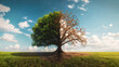 Season split tree, symbolizing transition and change in a vibrant landscape.