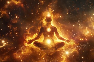 Wall Mural - Golden silhouette of man meditating in lotus yoga pose in cosmos, chakras are shining beautifully. Background is colorful cosmos. Esoteric, spirituality, connection to soul and universe.