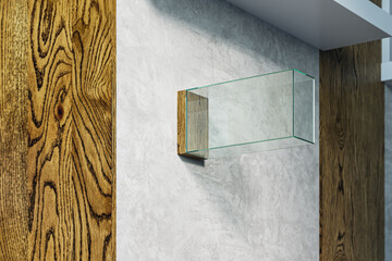 Wall Mural - Empty rectangular glass banner or stopper on concrete and wooden wall. Advertising concept. 3D Rendering.