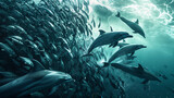 Fototapeta  - A group of dolphins herding a school of fish into a tight ball before taking turns feeding on them