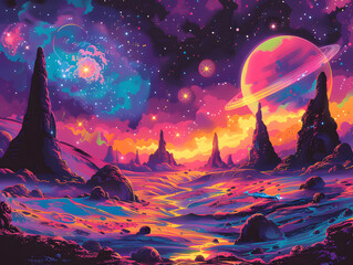 Wall Mural - A retro comic-style outer space landscape, with colorful planets, swirling galaxies, and futuristic spacecraft, taking viewers on an intergalactic adventure filled with wonder.