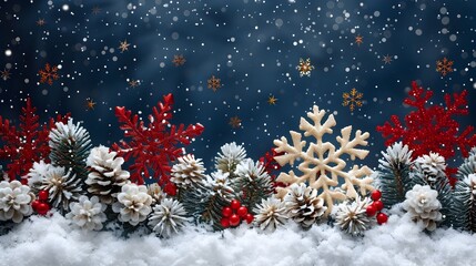 Poster - Elegant Winter Wonderland Snowflake and Pinecone Border for Christmas Card Design