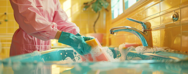 A woman is washing dishes in a sink with a yellow and green tile wall