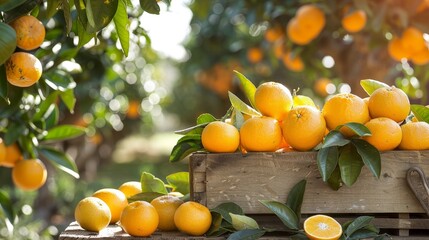 Wall Mural - Sunlit citrus orchard  ripe oranges on lush branches in wooden crate overflowing with juicy fruit