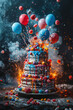 Enchanting Birthday Cake with Sparklers and Colorful Balloons in Festive Atmosphere