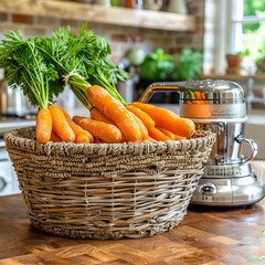 Wall Mural - Freshly picked vibrant carrots in basket by silver juicer, ready for nutrient rich juice making