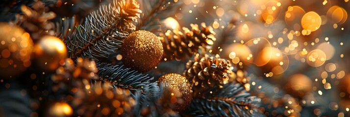 Poster - Golden pine branches with glittering Christmas ornaments and bokeh lights in a festive holiday background