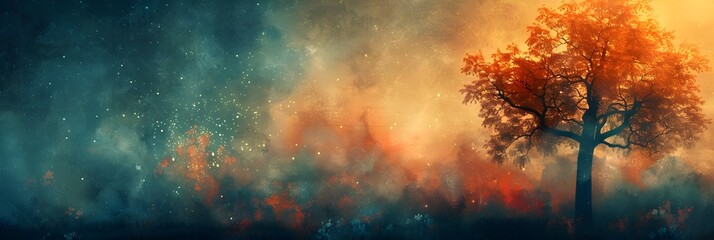 Poster - Vibrant and dreamlike vintage concept background with a glowing fiery tree silhouetted against a mystical atmospheric landscape of warm autumnal hues