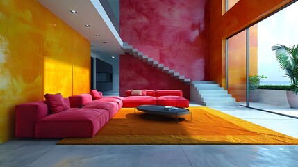Poster - Vibrant and Modern Interior Design with Bold Colors and Geometric Patterns in a Luxurious and Comfortable Living Space