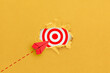 Target concept with red paper plane. Hole in the yellow paper with torn sides and target icon