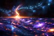 cosmic explosion and swirling galaxies over a neon-lit sea. digital art background.