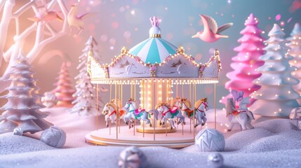 Wall Mural - Pastel Christmas Carousel: Design a whimsical holiday background with soft pastel hues, featuring a festive carousel, playful holiday characters, and joyful music in the air.