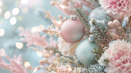 Wall Mural - Pastel Christmas Garden: Create a serene holiday garden scene with soft pastel hues, featuring delicate flowers, festive decorations, and a peaceful holiday ambiance in a light and airy style. 
