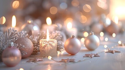 Wall Mural - Pastel Christmas Glow: Create a warm and inviting Christmas background with soft pastel tones, featuring twinkling lights, shimmering ornaments, and festive accents against a light and airy backdrop.