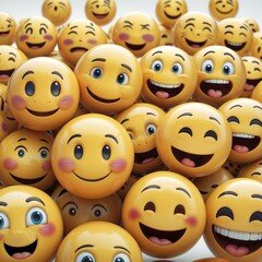 Wall Mural - Many yellow balls with smiling faces. Social media and communications concept background