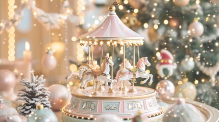 Wall Mural - Pastel Christmas Carousel: Create a festive carousel scene with soft pastel hues, featuring whimsical animals, cheerful music, and joyful holiday characters in a light and airy setting. 