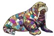 Cute Walrus with colorful patchwork geometric pattern and abstract elements on white background for clothing design, textiles, posters, paintings, souvenirs, packaging, baby products, website
