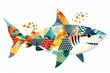 Cute Tiger shark with colorful patchwork geometric pattern and abstract elements on white background for clothing design, textiles, posters, paintings, souvenirs, packaging, baby products, website