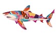 Cute Tiger shark with colorful patchwork geometric pattern and abstract elements on white background for clothing design, textiles, posters, paintings, souvenirs, packaging, baby products, website