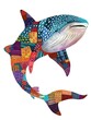 Cute Whale shark with colorful patchwork geometric pattern and abstract elements on white background for clothing design, textiles, posters, paintings, souvenirs, packaging, baby products, website