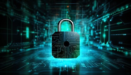 Digital lock on cyber background, neon grid, abstract internet security concept