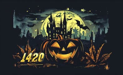 a spooky halloween scene featuring a black bat, a black poster, and a yellow pumpkin, with a castle in the background