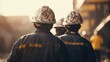 © photolas - View from behind many working miners in protective helmets and soiled overalls. A lot of construction workers on a building site.